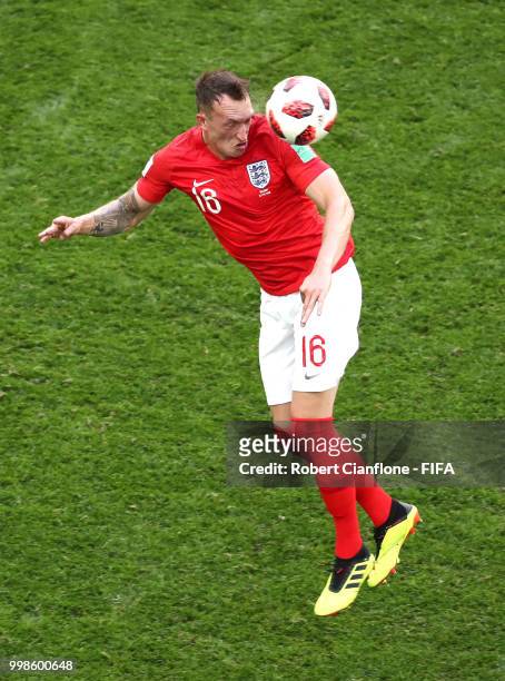 Phil Jones of England wins a header during the 2018 FIFA World Cup Russia 3rd Place Playoff match between Belgium and England at Saint Petersburg...