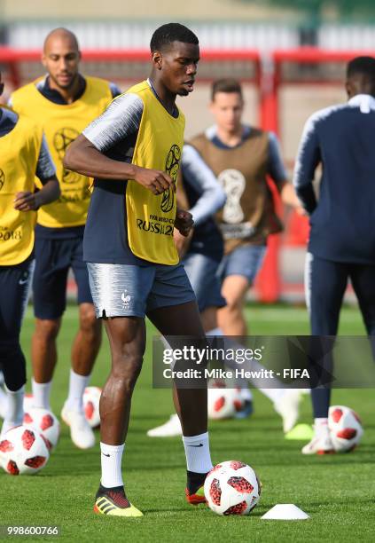 Paul Pogba of France controls the ball during a France training session during the 2018 FIFA World Cup at Luzhniki Stadium on July 14, 2018 in...