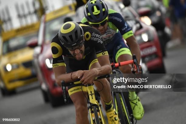 France's Fabien Grellier and Netherlands' Marco Minnaard ride during their two-men breakaway in the eighth stage of the 105th edition of the Tour de...