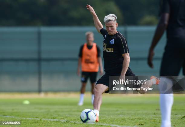 Matt Ritchie strikes the ball during the Newcastle United Training session at Carton House on July 14 in Kildare, Ireland.