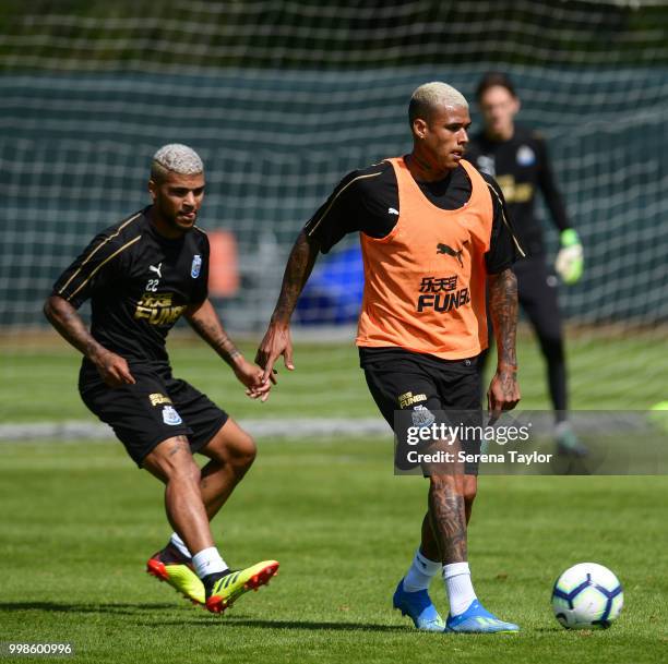 Kenedy controls the ball whilst DeAndre Yedlin looks to challenge during the Newcastle United Training session at Carton House on July 14 in Kildare,...