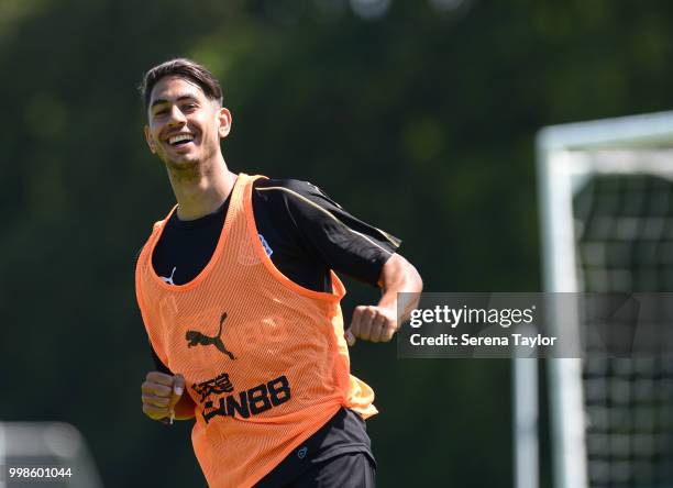 Ayoze Perez celebrates after scoring a goal during the Newcastle United Training session at Carton House on July 14 in Kildare, Ireland.