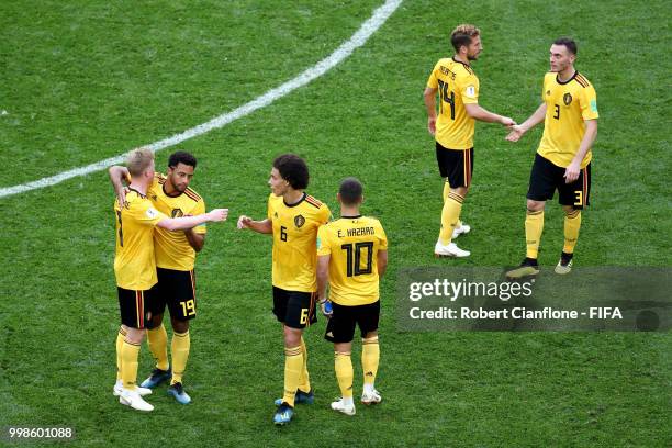 Belgium players celebrate following their sides victory in the 2018 FIFA World Cup Russia 3rd Place Playoff match between Belgium and England at...