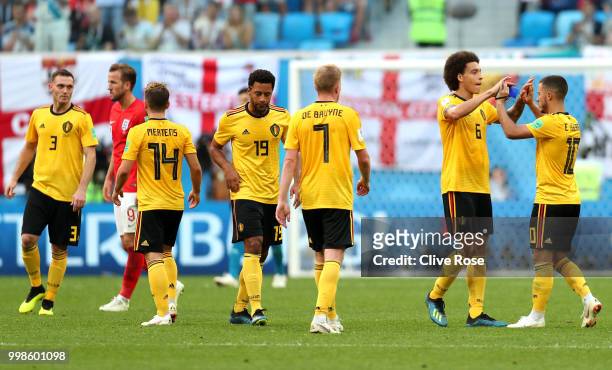 Belgium players celebrate following their sides victory in the 2018 FIFA World Cup Russia 3rd Place Playoff match between Belgium and England at...