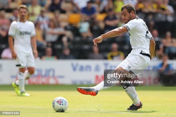 Tom Huddlestone of Derby County scores during a Pre-Season match between Notts County and Derby County at Meadow Lane Stadium on July 14, 2018 in...