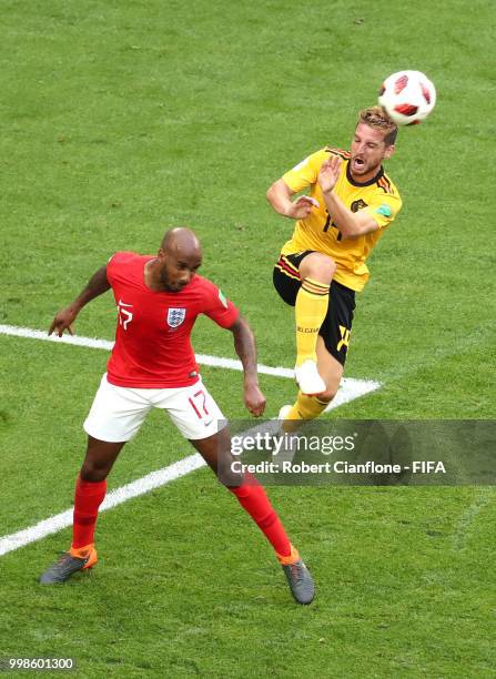 Dries Mertens of Belgium and Fabian Delph of England compete for the ball during the 2018 FIFA World Cup Russia 3rd Place Playoff match between...