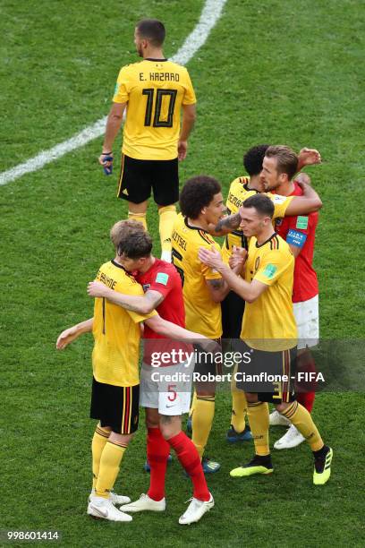 England players congratulate Belgium players following Belgium's victory in the 2018 FIFA World Cup Russia 3rd Place Playoff match between Belgium...