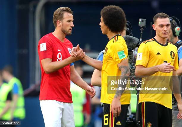 Harry Kane of England congratulates Axel Witsel of Belgium following Belgium's victory in the 2018 FIFA World Cup Russia 3rd Place Playoff match...