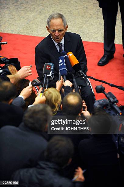 German Finance Minister Wolfgang Schaeuble answers journalists' questions prior to the Economic and Financial Affairs meeting on May 18, 2010 in...