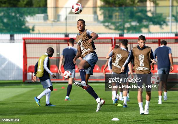 Presnel Kimpembe of France in action during a France training session during the 2018 FIFA World Cup at Luzhniki Stadium on July 14, 2018 in Moscow,...