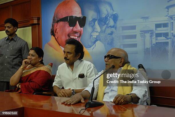 Tamil Nadu CM and DMK chief M. Karunanidhi addresses a press conference with Deputy Chief Minister M.K. Stalin and Khushboo in Chennai on Friday, May...