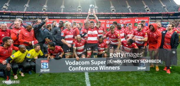 The Lions team winning the South African Conference during the Super Rugby match between Emirates Lions and Vodacom Bulls at Emirates Airline Park on...
