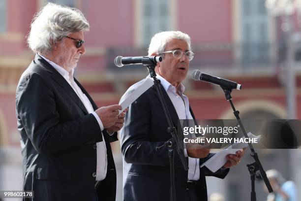 French actor Michel Boujenah delivers his speech in Nice on July 14 during a ceremony for the second anniversary of attacks on the French coastal...