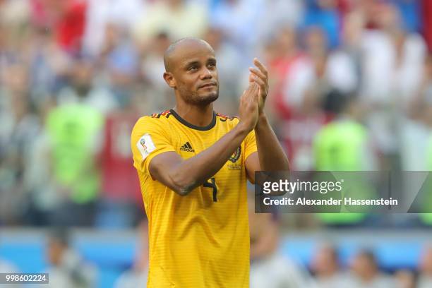 Vincent Kompany of Belgium applauds fans after the 2018 FIFA World Cup Russia 3rd Place Playoff match between Belgium and England at Saint Petersburg...