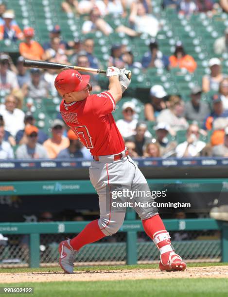 Mike Trout of the Los Angeles Angels of Anaheim bats during the game against the Detroit Tigers at Comerica Park on May 31, 2018 in Detroit,...