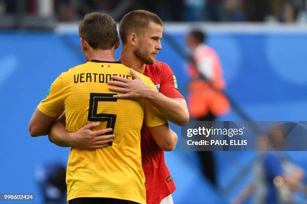 Belgium's defender Jan Vertonghen hugs England's midfielder Eric Dier after their Russia 2018 World Cup play-off for third place football match...