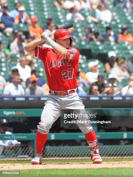 Mike Trout of the Los Angeles Angels of Anaheim bats during the game against the Detroit Tigers at Comerica Park on May 31, 2018 in Detroit,...