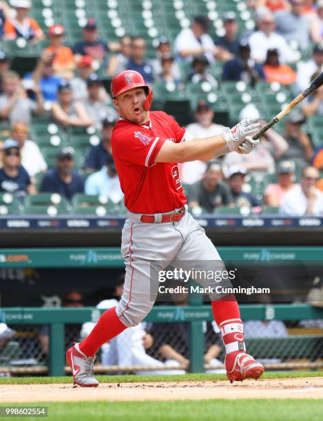 Mike Trout of the Los Angeles Angels of Anaheim bats during the game against the Detroit Tigers at Comerica Park on May 31, 2018 in Detroit,...