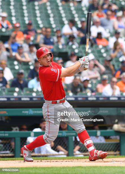 Mike Trout of the Los Angeles Angels of Anaheim bats during the game against the Detroit Tigers at Comerica Park on May 31, 2018 in Detroit,...