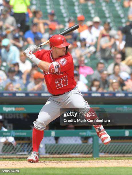 Mike Trout of the Los Angeles Angels of Anaheim bats during the game against the Detroit Tigers at Comerica Park on May 31, 2018 in Detroit,...