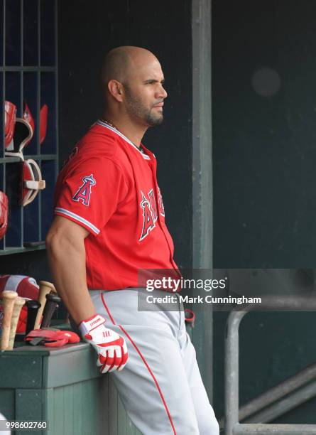 Albert Pujols of the Los Angeles Angels of Anaheim looks on from the dugout during the game against the Detroit Tigers at Comerica Park on May 31,...