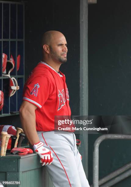 Albert Pujols of the Los Angeles Angels of Anaheim looks on from the dugout during the game against the Detroit Tigers at Comerica Park on May 31,...