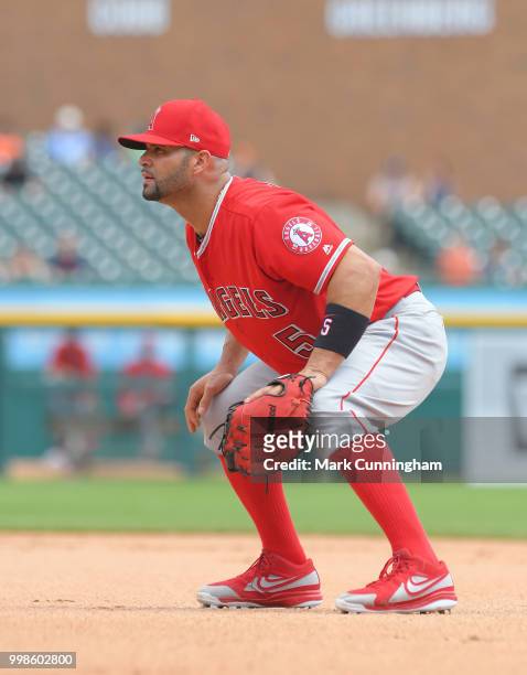 Albert Pujols of the Los Angeles Angels of Anaheim fields during the game against the Detroit Tigers at Comerica Park on May 31, 2018 in Detroit,...
