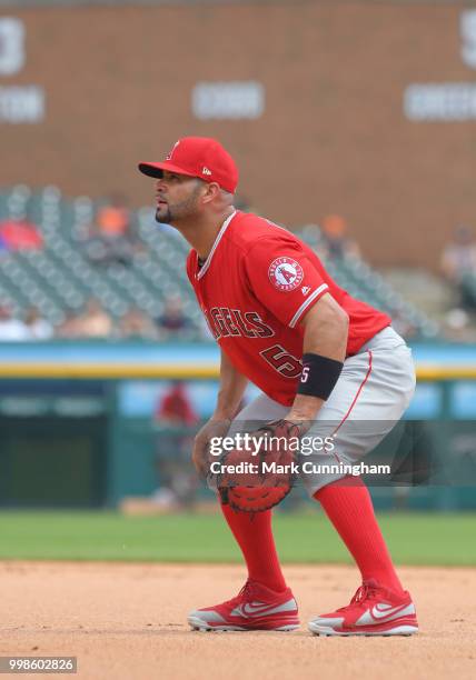 Albert Pujols of the Los Angeles Angels of Anaheim fields during the game against the Detroit Tigers at Comerica Park on May 31, 2018 in Detroit,...