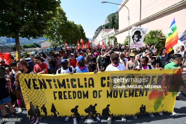 Around 3000 people participate at a demonstration at the call of an Italian association "Progetto 20K" to help migrants in Vintimille, northern...