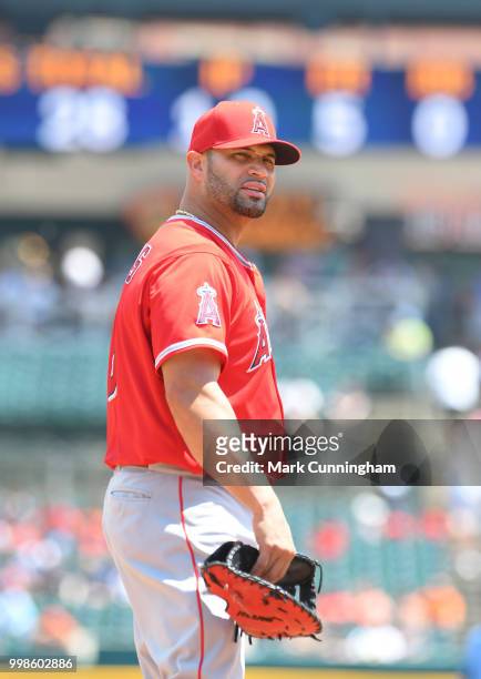 Albert Pujols of the Los Angeles Angels of Anaheim looks on during the game against the Detroit Tigers at Comerica Park on May 31, 2018 in Detroit,...