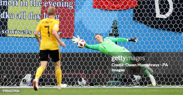 England goalkeeper Jordan Pickford makes a save from Belgium's Thomas Meunier during the FIFA World Cup third place play-off match at Saint...