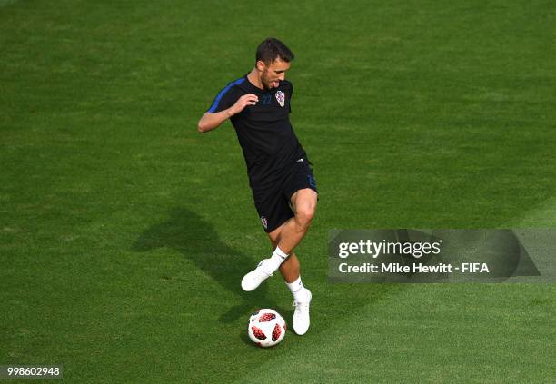 Josip Pivaric of Croatia in action during a Croatia training session during the 2018 FIFA World Cup at Luzhniki Stadium on July 14, 2018 in Moscow,...