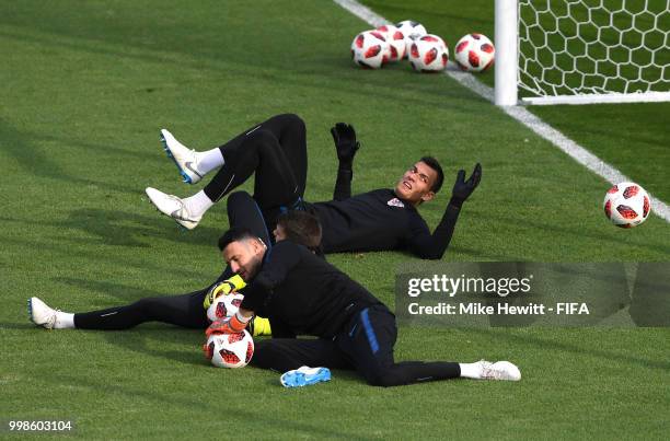 Lovre Kalinic, Dominik Livakovic and Danijel Subasic of Croatia take part in a Croatia training session during the 2018 FIFA World Cup at Luzhniki...