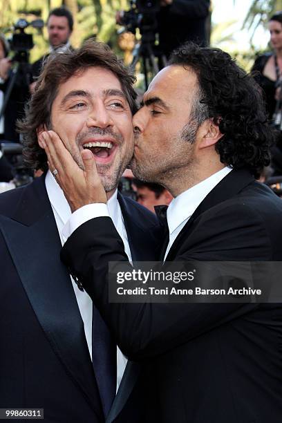 Actor Javier Bardem and director Alejandro Gonzalez Inarritu attend the premiere of 'Biutiful' held at the Palais des Festivals during the 63rd...
