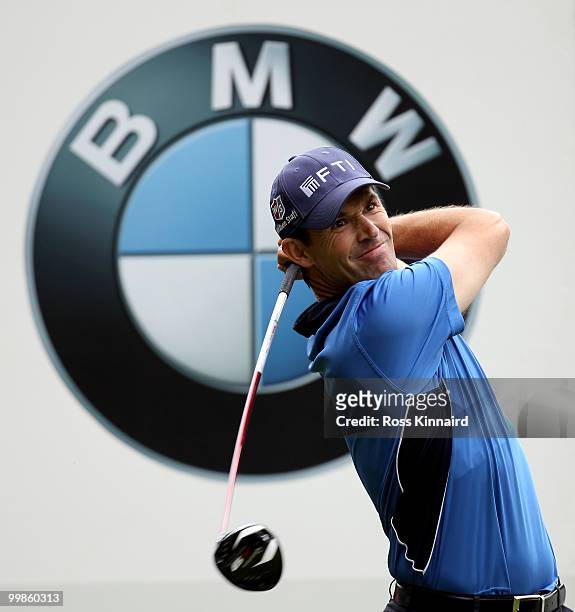 Padraig Harrington of Ireland tees off on the third hole during a practice round at Wentworth prior to the BMW PGA Championship on May 18, 2010 in...