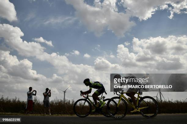 France's Fabien Grellier and Netherlands' Marco Minnaard ride during their two-men breakaway in the eighth stage of the 105th edition of the Tour de...