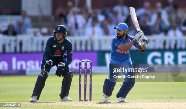 India captain Virat Kohli bats during the 2nd ODI Royal London One-Day match between England and India at Lord's Cricket Ground on July 14, 2018 in...