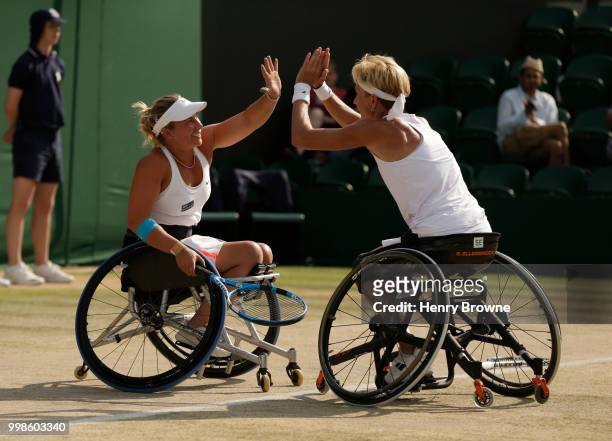July 14: Lucy Shuker of Great Britain and Sabine Ellerbrock of Germany celebrate after winning the womens doubles wheelchair semi final against...