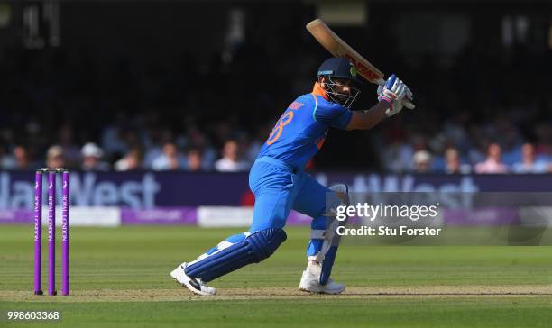 India batsman Virat Kohli hits out during the 2nd ODI Royal London One Day International match between England and India at Lord's Cricket Ground on...