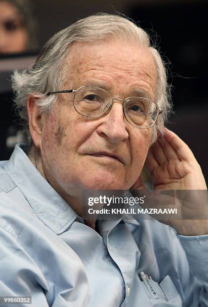 Renowned Jewish-American scholar and political activist Noam Chomsky waits to speak during a scheduled lecture at Bir Zeit University by video...