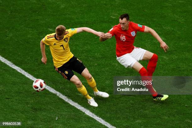 Phil Jones of England in action against Kevin De Bruyne of Belgium during the 2018 FIFA World Cup Russia Play-Off for Third Place between Belgium and...