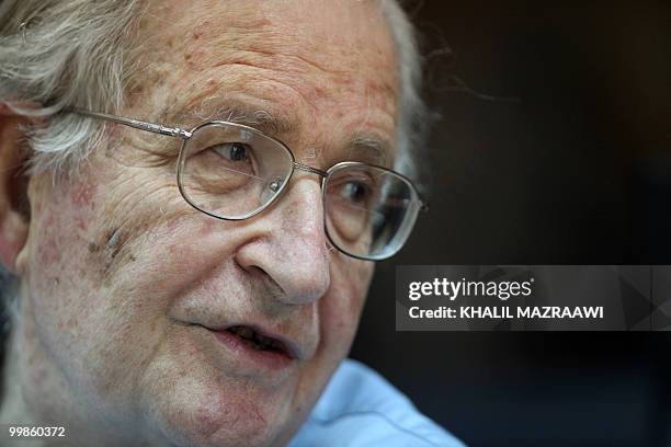 Renowned Jewish-American scholar and political activist Noam Chomsky speaks during a scheduled lecture at Bir Zeit University by video conference...