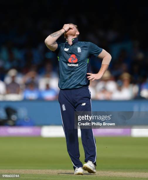 Ben Stokes of England reacts during the 2nd Royal London One-Day International between England and India at Lord's Cricket Ground on July 14, 2018 in...