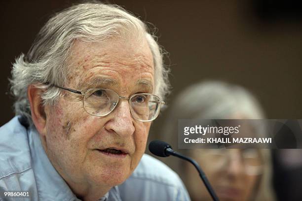 Renowned Jewish-American scholar and political activist Noam Chomsky speaks during a scheduled lecture at Bir Zeit University by video conference...
