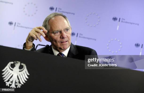 German Finance Minister Wolfgang Schaeuble answers journalists questions during a press conference after an Economic and Financial Affairs meeting on...