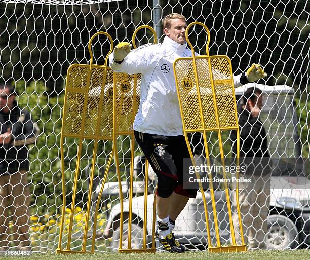 Manuel Neuer of Germany is seen in action during the German National Team training session at Verdura Golf and Spa Resort on May 18, 2010 in Sciacca,...