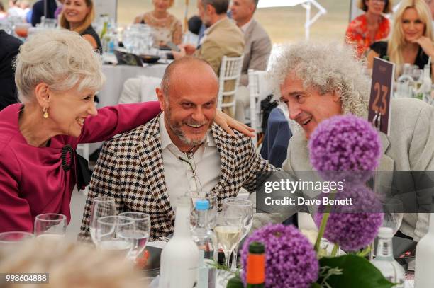 Anita Dobson, Sergio Momo and Brian May attend the Xerjoff Royal Charity Polo Cup 2018 on July 14, 2018 in Newbury, England.