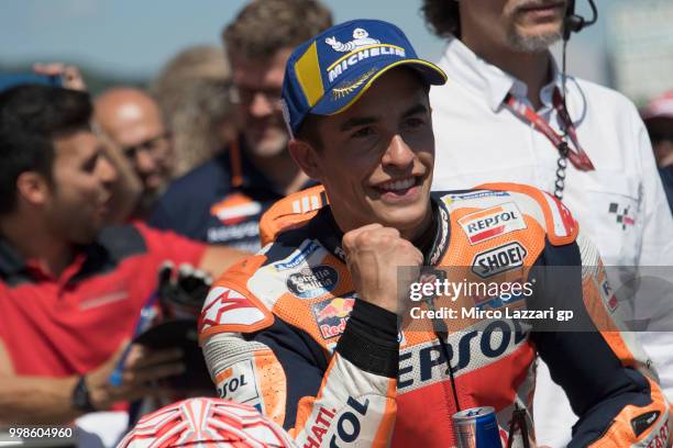 Marc Marquez of Spain and Repsol Honda Team celebrates the pole position at the end of the qualifying practice during the MotoGp of Germany -...