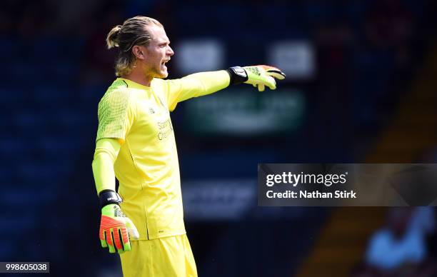 Loris Karius of Liverpool in action during a pre-season friendly match between Bury and Liverpool at Gigg Lane on July 14, 2018 in Bury, England.