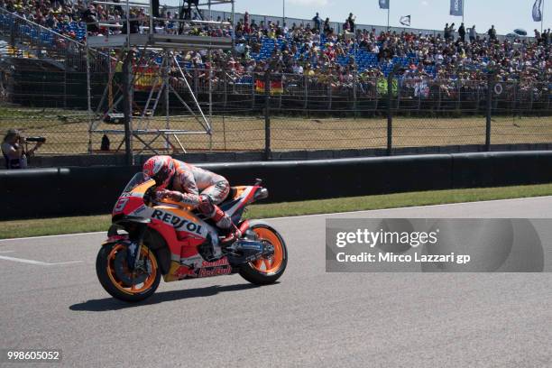 Marc Marquez of Spain and Repsol Honda Team heads down a straight during the qualifying practice during the MotoGp of Germany - Qualifying at...